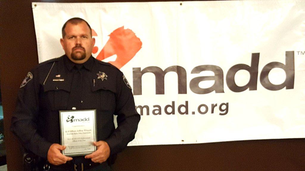 Photo courtesy of the Snowflake-Taylor Police Department - Snowflake-Taylor Police Officer Jerry Whipple received an award from Mothers Against Drunk Driving (MADD) at the 27th annual DUI Enforcement Awards held Oct. 6 at the Phoenix Country Club. MADD recognized officers, first responders and prosecutors who are making a difference in their communities in the fight against impaired driving. Area honorees included Sergeant Tony Notah of the Apache County Sheriff's Office, Trooper Abel Ballesteros of the Arizona Department of Public Safety, who is assigned to Navajo County, Deputy Kyle Esparza of the Navajo County Sheriff's Office, Officer Noah VanHilsen of the St. Johns Police Department and Officer Whipple.