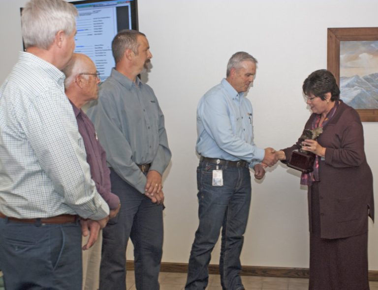 Photo courtesy of Northland Pioneer College - Peggy Belknap (right), Northland Pioneer College’s dean of Career and Technical Education, presents an Eagle Award to Arizona Public Service Co. Cholla Plant Manager Richard Nicosia as (left to right) NPC instructors Kenneth Keith and Fred Calderon, and Christopher Susag, 4-Corners regional training supervisor for APS, look on.