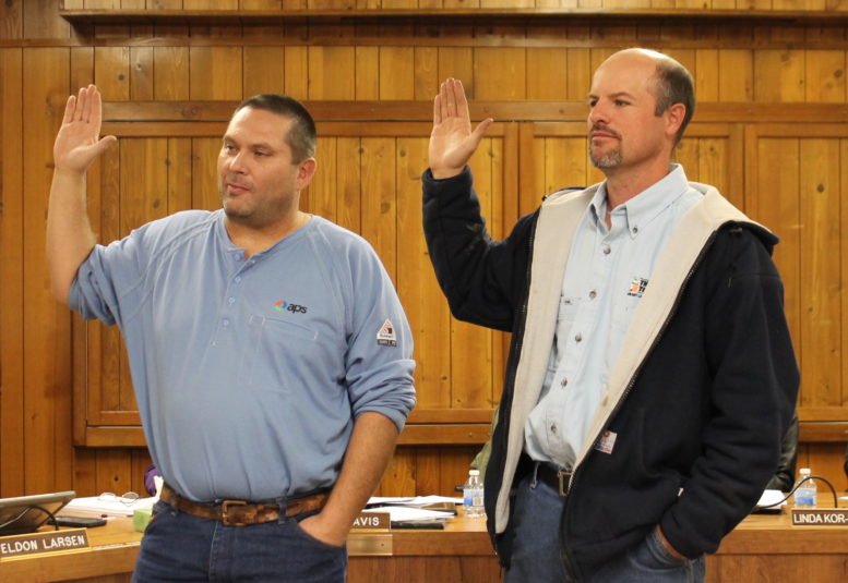 Photo by Talaina Fisher - Sworn in as members of the Joseph City School District Governing Board Dec. 7 were Eldon Larsen (left), who is returning for a third term, and Jeremy Mille (right), who will be new to the board. New member TC Fish was unable to attend the meeting and will be sworn in at a later date.