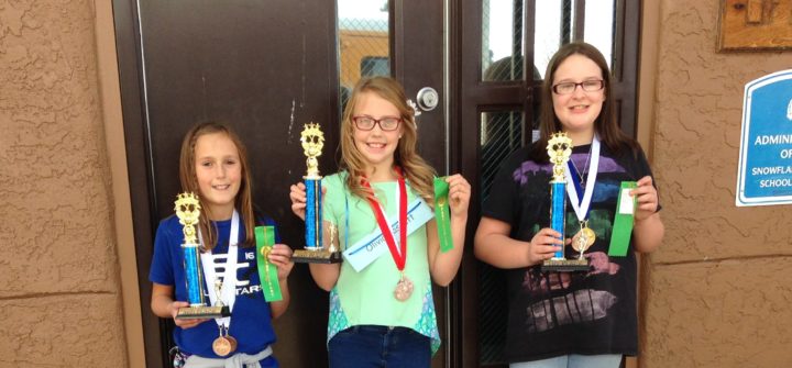 Photos courtesy of Snowflake Intermediate School - Winners of the Snowflake Intermediate School Spelling Bee held Dec. 14 were sixth grader Kira Johnston, who took first place; fifth grader Olivia Bassett, second; and fourth grader Chelsea Caskey, third.