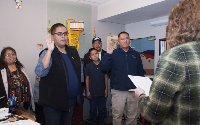 Navajo County School Superintendent Jalyn Gerlich administers the oath of office to Navajo County Community College District Governing Board members Derrick Leslie (left) and George Joe (right), surrounded by members of Leslie’s family. Leslie, higher education coordinator for the White Mountain Apache Tribe, was elected to represent District 5, starting in January, for the next six years on Northland Pioneer College’s Governing Board. Joe was appointed in August to fill the District 2 seat upon the death of Prescott Winslow. He was unopposed in seeking a six-year term, which officially begins in January.