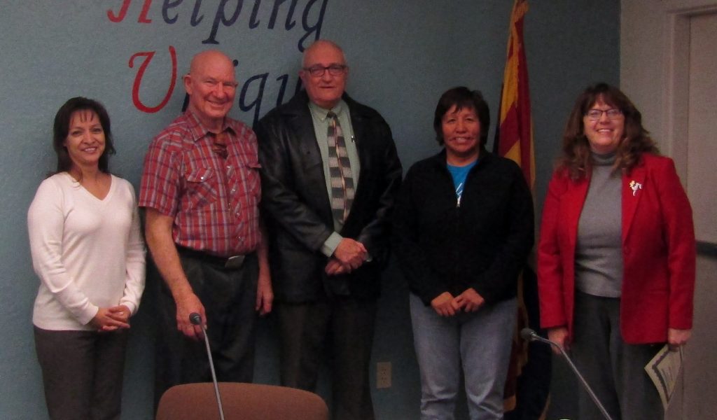 Photo courtesy of the Holbrook Unified School District - Navajo County Superintendent of Schools Jaylyn Gerlich (right) recently swore in Holbrook Unified School District Governing Board members, including (left to right) Olivia Jaquez, Ferral Knight, Dr. Craig Stuart and Claudia Jackson, for new terms. Knight was chosen to continue as board president. Jackson will serve as vice president.