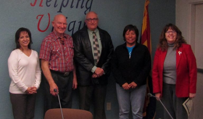 Photo courtesy of the Holbrook Unified School District - Navajo County Superintendent of Schools Jaylyn Gerlich (right) recently swore in Holbrook Unified School District Governing Board members, including (left to right) Olivia Jaquez, Ferral Knight, Dr. Craig Stuart and Claudia Jackson, for new terms. Knight was chosen to continue as board president. Jackson will serve as vice president.
