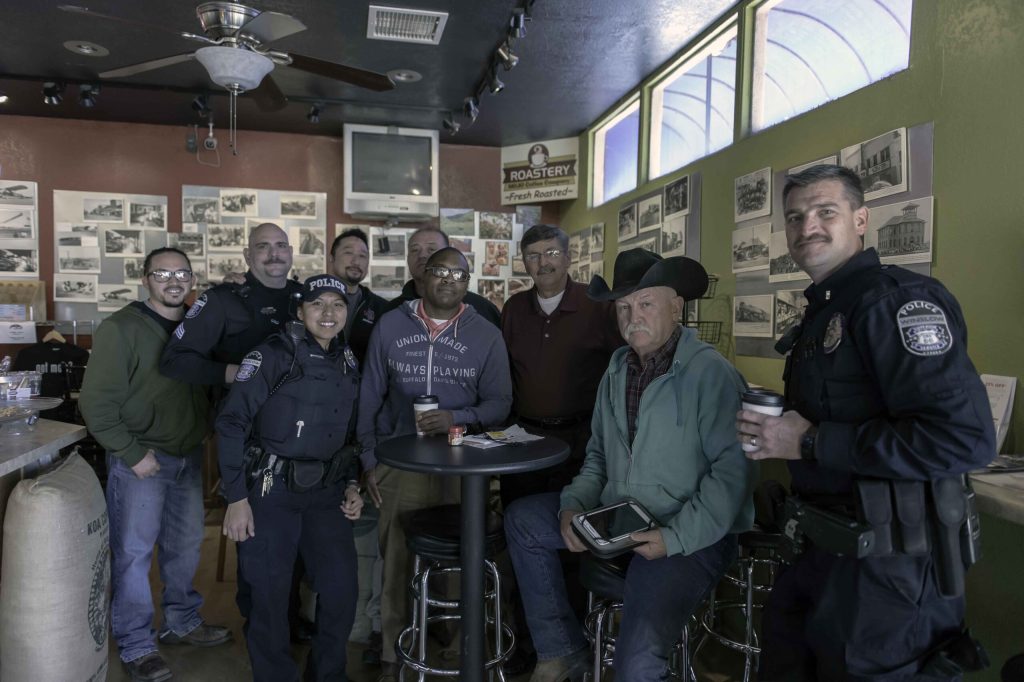 Photo by Richard LarsonWinslow residents had another opportunity to visit with city police officers Feb. 1 at Mojo’s Café in Winslow as part of the Coffee with a Cop program. The effort brings police officers and the community members they serve together to discuss issues and learn more about each other.
