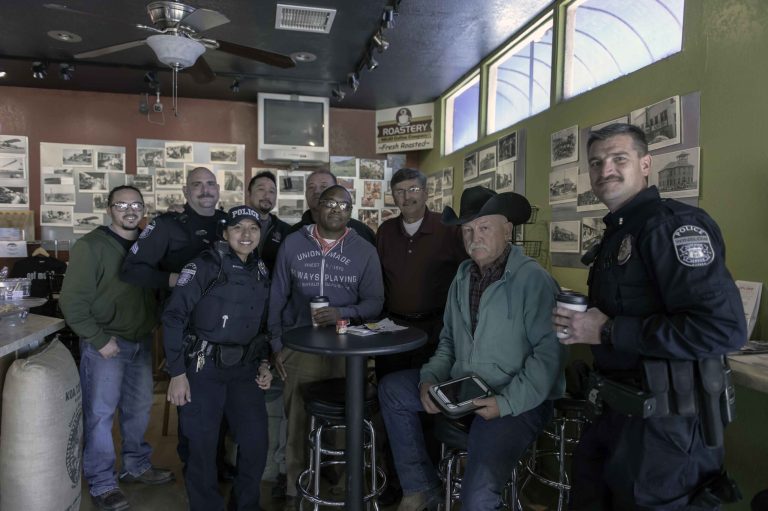 Photo by Richard LarsonWinslow residents had another opportunity to visit with city police officers Feb. 1 at Mojo’s Café in Winslow as part of the Coffee with a Cop program. The effort brings police officers and the community members they serve together to discuss issues and learn more about each other.