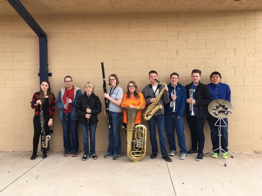 Holbrook High School students selected for the Northeast Region Honor Band included (left to right) Whitney Apodaca, bass clarinet; Emma Carlisle, clarinet; Hope Bowden, clarinet and flute; Lauryn Hall, bassoon and clarinet; Emily Knight, tuba; Dallon Laird, tenor and baritone saxophone; Wyatt McLaws, trumpet; Colton Christensen, trumpet; and Andrew John, percussion.