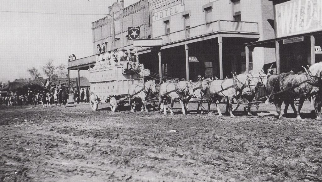 Photo courtesy of Old Trails MuseumLife in a raw new town was enhanced by a variety of entertainment. Often a traveling circus would arrive in a special train that crisscrossed the West throughout the year. This photo, taken in 1911 along Front Street in Winslow, shows a circus arriving in town in a caravan that could include a brass band, palm readers, hypnotists, trained animals, acrobats and circus clowns.