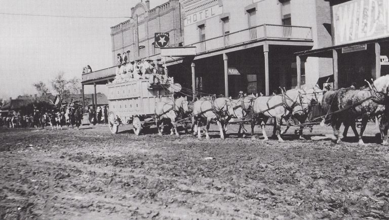 Photo courtesy of Old Trails MuseumLife in a raw new town was enhanced by a variety of entertainment. Often a traveling circus would arrive in a special train that crisscrossed the West throughout the year. This photo, taken in 1911 along Front Street in Winslow, shows a circus arriving in town in a caravan that could include a brass band, palm readers, hypnotists, trained animals, acrobats and circus clowns.