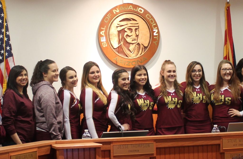 Photo by Chanae NielsonThe Navajo County Board of Supervisors recognized the Winslow All Girl Pom Squad last week for taking first place at the 2017 Arizona Interscholastic Association Spiritline State Championship held Jan. 14. The squad includes, (left to right) Assistant Coach Katrina Hernandez, Head Coach Nichole Buonviri, junior Sydney Clarke, senior Haley Analla, junior Paige Murray, senior Beatrice Lucero, junior Madison Lymer, senior Isabel Gonzales, senior Tiffany Mitchell, (not pictured) freshman Aysia Rodriguez and Assistant Coach Sarah Wilson.