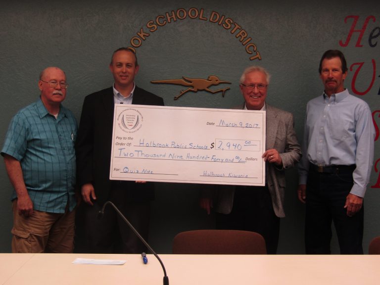 Photo courtesy of the Painted Desert Kiwanis ClubProceeds from the Painted Desert Kiwanis Club Quiz Nite were dispersed last week with the Holbrook Unified School District receiving $2,960 that will pay for extra-budgetary classroom projects. Pictured here are (left to right) Kiwanis Treasurer Dean Powell, HUSD Superintendent Dr. Robbie Koerperich, Quiz Nite Coordinator Jeff Johnson and Kiwanis President Dan Carroll.