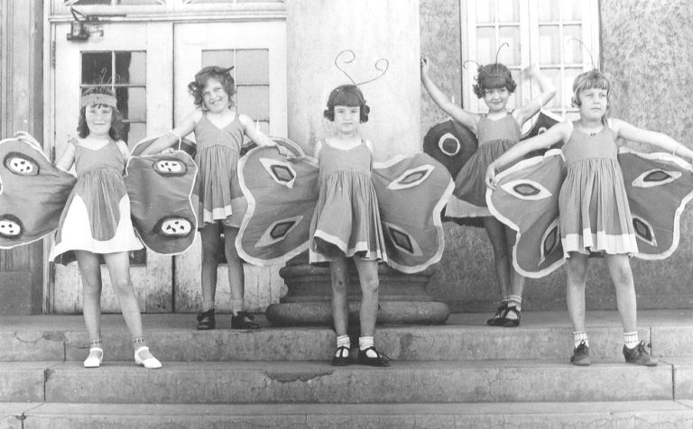 Photo courtesy of the Old Trails MuseumThe cantata The Awakening of Spring was presented on May 21, 1931, in Winslow, with 400 children from Washington School making up the cast. The children were costumed to represent snow, winter wind, rain, flowers, butterflies and fairies, who were to awaken Lady Spring from her long winter sleep through dance and song. The students shown here are (left to right) Mildred Sharar, Joysa O’Hara, Patsy Sughrue, Jean Mosley and Sally Kaufman.
