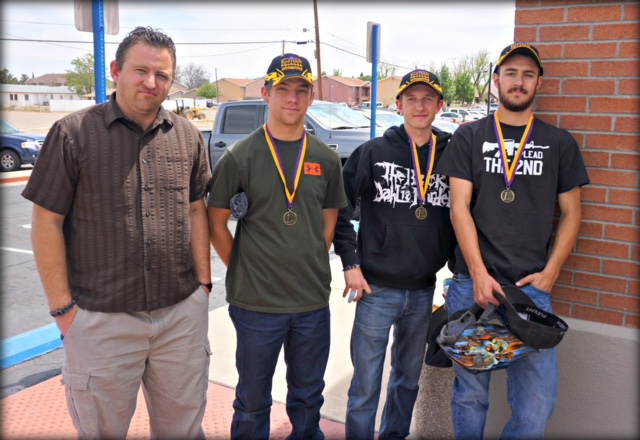 Photo courtesy of Joseph City High SchoolInstructor JC Hansen (left) poses with his auto students who took first place at Skills Day, including (second from left to right) Kaden Westover, Trevor Davis and Kolton McCormick.