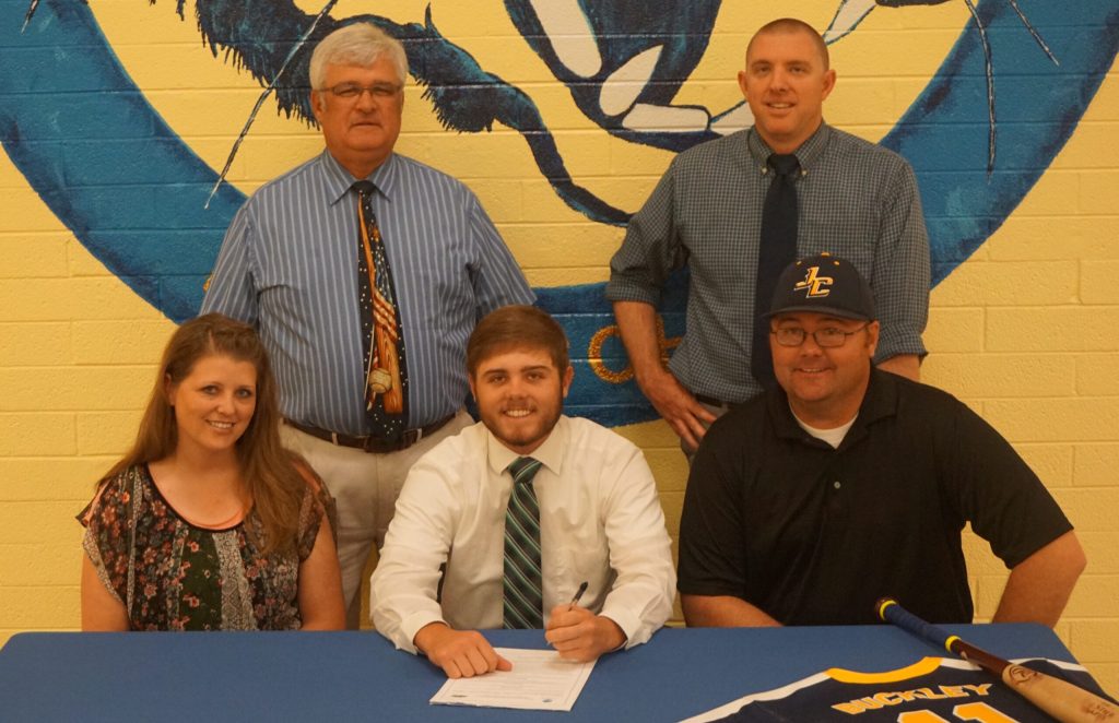 Photo courtesy of Joseph City High SchoolJoseph City High School senior Bryndon Buckley (center) signed to play baseball with Southern Virginia University on May 9. Bryndon was named region player of the year for the 1A Central Region and was selected as a participant on the 1A-3A All Star team. Joining him at the signing are (front row, left to right) Bryndon’s parents, Shealyn and Jeremy Buckley, (back row) JCHS baseball coach Shawn Layden and Assistant Principal Eric Miller.