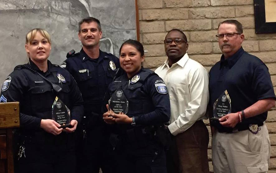 Photo by Chris VasquezThe Winslow Police Department recognized its Employees of the Year at the City Council meeting. Those participating included (left to right) Corporal Alicia Lopez, Lieutenant Ken Arend, Officer Marlita Jones, Sergeant Quentin Hayes and Investigator Doug Walton. The recipients were chosen by a five-member committee of WPD employees who evaluated them throughout the year.