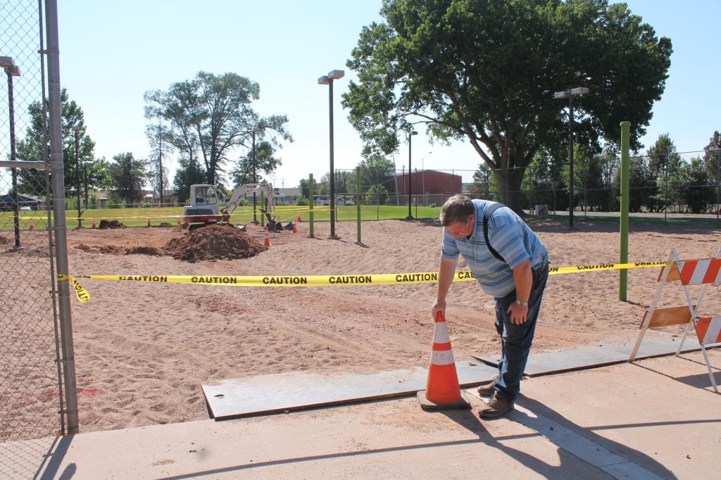 Photo by Linda KorThe Town of Snowflake has begun construction on a splash pad at Pioneer Park. While checking the site, Will Wilson, a member of the town staff, said that the hope is to have the project complete in time for the Pioneer Days celebration on July 21 and 22.