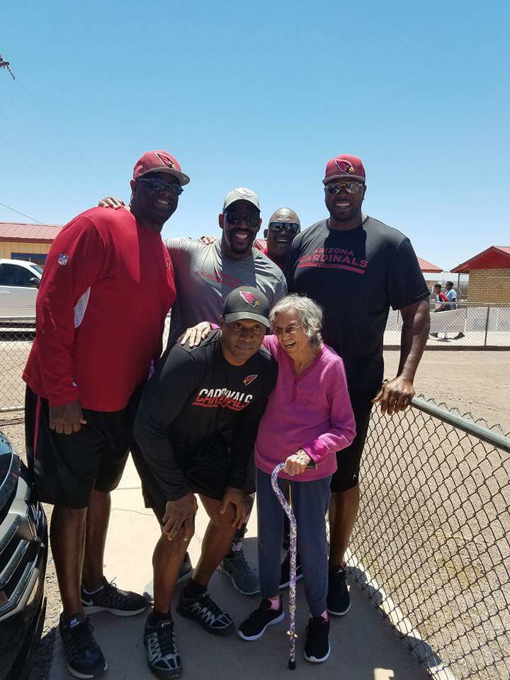 Photo by Brenda MartinezFormer Arizona Cardinals Ray Perkins, Derek Kenard, Patrick Hunter, Anthony Clement and Michael Bankston quickly became fans when Holbrook’s Mary Duran stopped by Roadrunner Stadium to visit a recent football camp for area youth. Joining the Cards were retired Washington Redskins players Mark Mosley and Anthony Armstrong.