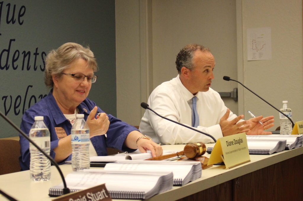 Photo courtesy of the Arizona Department of EducationArizona Superintendent of Public Instruction Diane Douglas (left) answers questions along with Holbrook Unified School District Superintendent Dr. Robbie Koerperich (right) at a public gathering at the district offices in Holbrook last week.