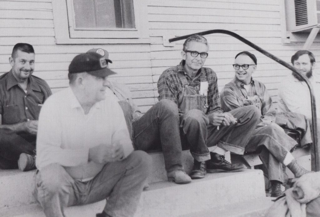Photo courtesy of the Old Trails MuseumA cast of Winslow railroad characters, including (left to right) “Soup” Chambers, Bob Cahil, Oliver Hardy, Rex Haney and “Moqui” Hasten, hang out in Gallup waiting for their trains in the 1970s. For many years every railroader had a nickname bestowed upon him by his fellow workers. The more memorable ones include “Ewe” Hodge, “Bowtie” Boggan, “Bishop” Randall, “Saturday Night” Griffith and “FooFoo” Webb.