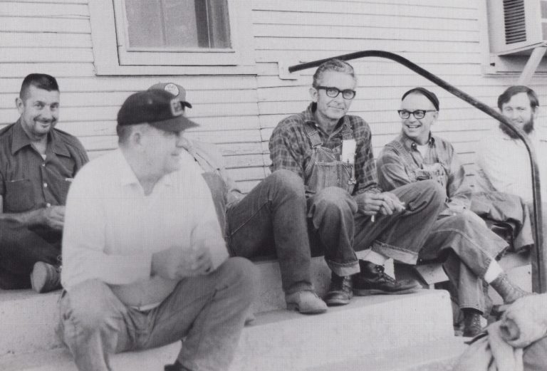Photo courtesy of the Old Trails MuseumA cast of Winslow railroad characters, including (left to right) “Soup” Chambers, Bob Cahil, Oliver Hardy, Rex Haney and “Moqui” Hasten, hang out in Gallup waiting for their trains in the 1970s. For many years every railroader had a nickname bestowed upon him by his fellow workers. The more memorable ones include “Ewe” Hodge, “Bowtie” Boggan, “Bishop” Randall, “Saturday Night” Griffith and “FooFoo” Webb.