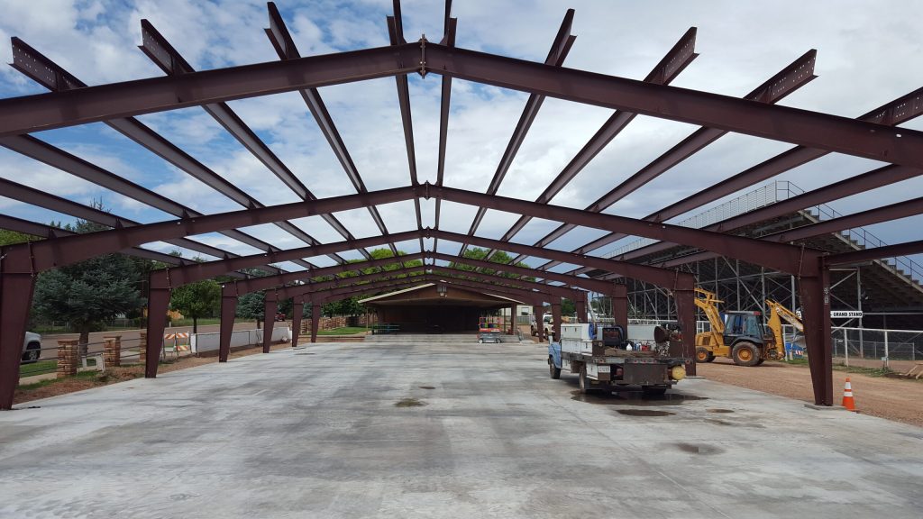 Photo by Gus LundbergWork is progressing quickly on the pavilion at the Taylor Rodeo Grounds. Town Manager Gus Lundberg anticipates the work will be complete this week. The cover will protect vendors and visitors from the weather during rodeo grounds events.