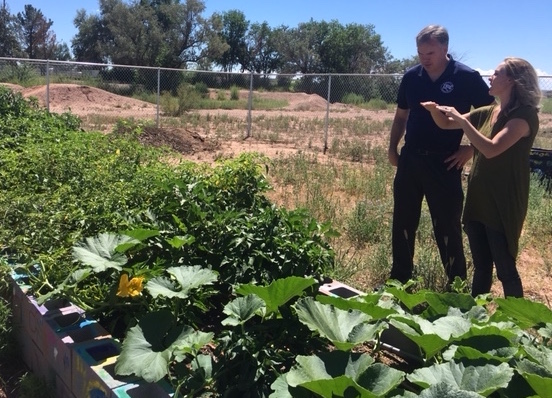 Photo by Linda KorThe University of Arizona Cooperative Extension in Holbrook is a great resource for developing gardens as part of school curriculum. Joseph City School District Superintendent Bryan Field (left) listens as UofA special instructor Katie Kirkwood (right) provides him with insight for the gardens planned for the district’s elementary and high school by showing him the garden grown behind the extension office.