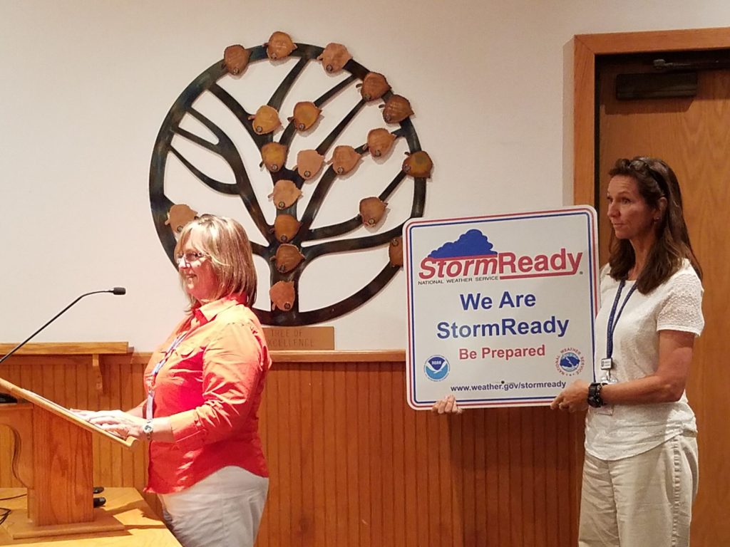 Photo by L. Parsons Navajo County Emergency Management Director Mary Springer (left) and Sandy Phillips (right) spoke at the Aug. 22 Board of Supervisors meeting, announcing a designation by the National Weather Service of Navajo County as “Storm Ready.”