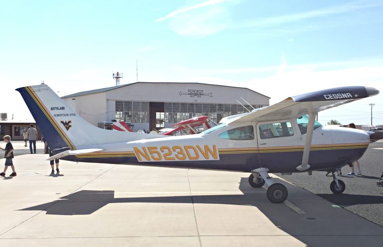 Photo courtesy of the Old Trails MuseumA plane sits outside the Winslow-Lindbergh Regional Airport’s historic hangar during the 2016 Fly-In.