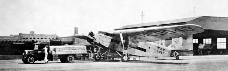 Photo courtesy of the Old Trails MuseumThe Ford Tri-Motor named City of San Francisco gassed up at the Winslow Airport in 1929.