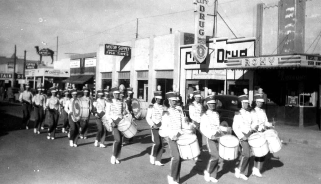 Photo courtesy of the Navajo County Historical SocietyThis early photo shows members of the Holbrook High School Drum Corps as they marched down Navajo Blvd. in full regalia to raise money to charter a bus for a trip to Phoenix in 1946.
