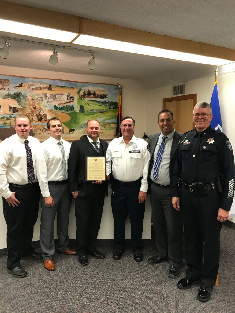 Photo courtesy of the Snowflake-Taylor Police DepartmentSnowflake-Taylor Police Chief Larry Scarber (far right) presented letters of commendation at the Sept. 12 Snowflake Town Council meeting to (left to right) Detective Cristian Epps, Tanner Reidhead, Reserve Officer Chase Carlson, Police Volunteer Brian Carpenter and Sergeant Derick Ortiz for their representation of the Snowflake-Taylor Police Department and the citizens of Snowflake and Taylor during their recent trip to the Houston, Texas, area, where they joined in the Hurricane Harvey relief effort. These men did not utilize any public resources or on-duty time, but rather rallied donations, including cash, supplies, a U-Haul from Metal Mayhem and discounted four-man rafts from Big 5 with the help of STPD, and headed out to help. They left the afternoon of Aug. 31 and returned early the morning of Sept. 4 after driving close to 40 hours round trip to make an extraordinary contribution on behalf of the communities of Snowflake and Taylor and the STPD.