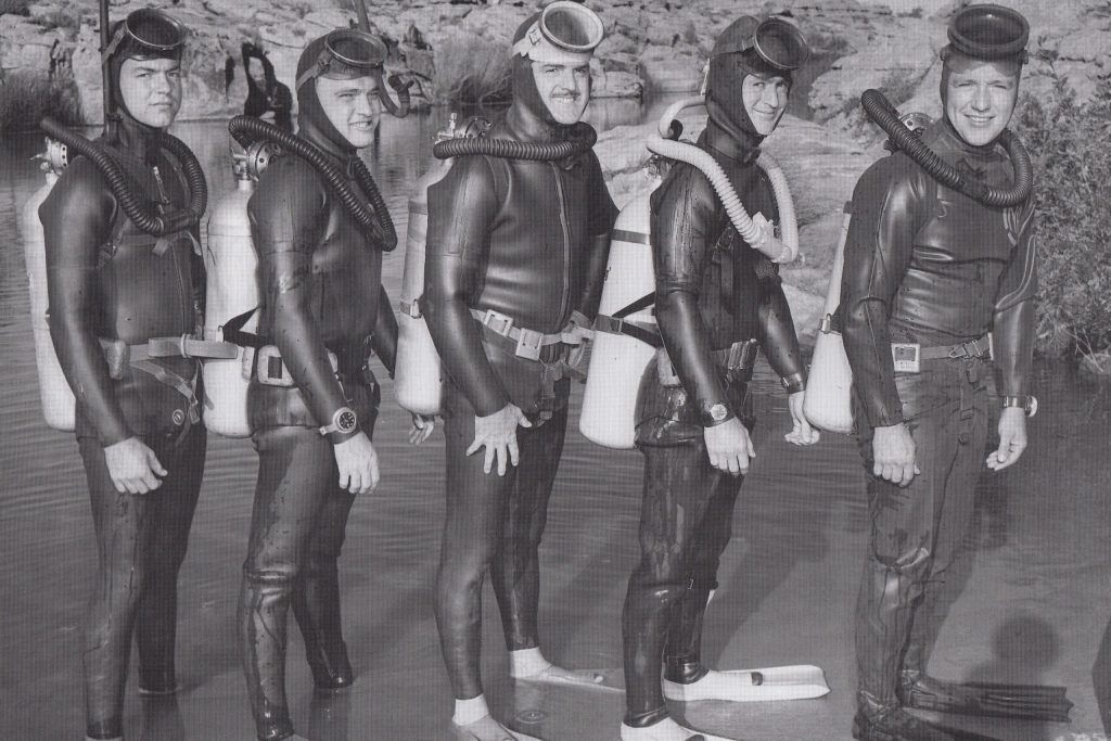 Photo courtesy of the Old Trails MuseumWinslow had a scuba team in 1959 that used Clear Creek for training for search and rescue, as well as for fun. The team included (left to right) Bill Emig, Bob Watmore, Harry Summer, Bill Carter and Jack White.