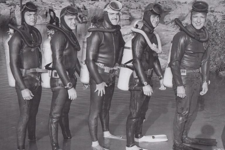 Photo courtesy of the Old Trails MuseumWinslow had a scuba team in 1959 that used Clear Creek for training for search and rescue, as well as for fun. The team included (left to right) Bill Emig, Bob Watmore, Harry Summer, Bill Carter and Jack White.