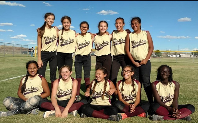 Photo courtesy of Gina Williams The Winslow Junior High School seventh grade softball team earned the championship at the White Mountain League Tournament held Sept. 16 in Joseph City. The young Lady Bulldogs defeated Show Low, Round Valley and Joseph City before taking on Snowflake in the championship game, where they defeated the Lady Lobos 8-0. The team includes (front row, left to right) Laci Padilla, Brynlee Barris, Abigail Acosta, Emilyanna Garcia, Vanessa Garrett, (back row) Mikel Branson, Alexis Smith, T’Uriah Tsosie, Sofia Chacon, Sasha Medina and Saleah Tucker.