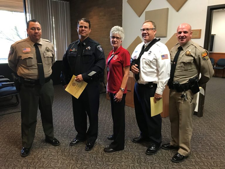 Photo courtesy of Navajo CountyAmong those first responders recognized during the Oct. 10, Board of Supervisors meeting were, (left to right) Navajo County Sheriff’s Deputy Jim Hudspeth, Snowflake Taylor Police Department Sgt. Dan Rush, STPD Dispatcher Kathleen Lockwood, Taylor-Snowflake Assistant Fire Chief Willie Nelson and Department of Public Safety Officer Russ Snipes.