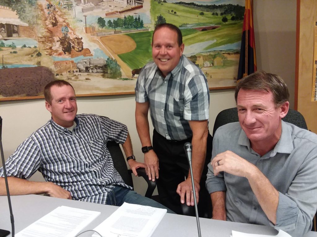 Photo by Amy ReifsnyderCouncilman Cory Johnson, Mayor Lynn Johnson and Councilman Terril Kay visit prior to the Snowflake Town Council meeting last Tuesday. One option to voicing compliments and concerns to the council is to visit the Mayor’s Corner portal on the town’s website at ci.snowflake.az.us.