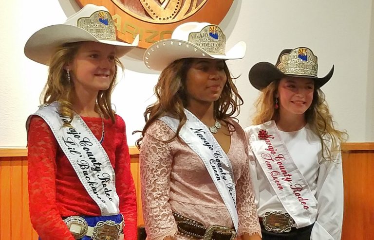 Photo by L. ParsonsThe 2017-18 Navajo County rodeo queens were introduced to the Board of Supervisors Oct. 24. They include (left to right), Little Buckaroo Jacey Perkins, 12, of Show Low, Rodeo Queen Kaiyla Pentard, 17, of Prescott Valley and Teen Queen Gracie Jo Perkins, 13, of Show Low.