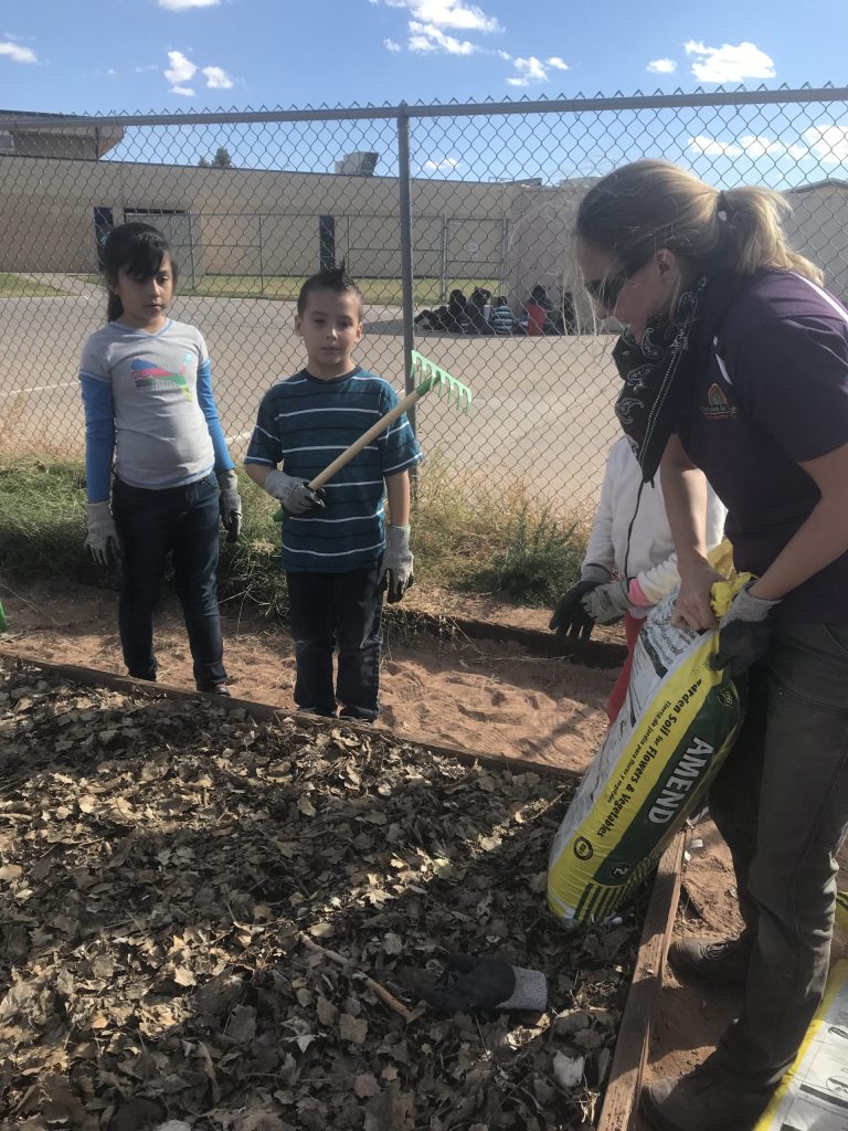 Photo courtesy of Park Elementary SchoolUniversity of Arizona instructor Katie Kirkwood (right) instructs students Lizzet Anaya (left) and Andrew Schlechty (middle) about the importance of creating the right pH balance in garden soil.