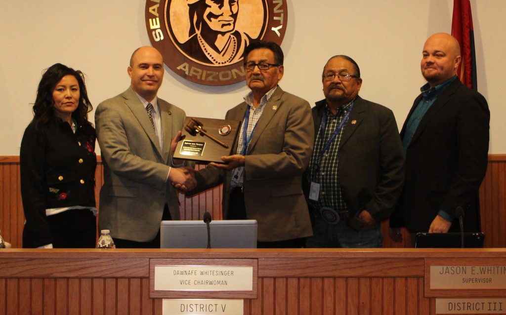 Photo by Toni GibbonsSupervisor Steve Williams (second from left) was named the 2018 Navajo County chairman of the board and as such presented Supervisor Jesse Thompson with a plaque in appreciation of his service as chairman of the board for 2017. Also pictured are Supervisor and Vice Chairman Dawnafe Whitesinger (left), Supervisor Lee Jacks, Sr. (second from right) and Supervisor Jason Whiting (right).