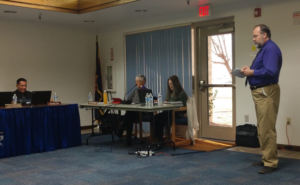 Photo by Diana HutchisonNorthland Pioneer College faculty member and chair of the Assessment of Student Knowledge Sub-Committee Dr. Mike Solomonson (right) presented information on the assessment process and the importance of assessment in the accreditation process to the Navajo County Community College District Governing Board during their meeting on Jan. 16. Also pictured are (left to right) board member George Joe, NPC President Jeanne Swarthout and executive assistant Terese Shevatt.