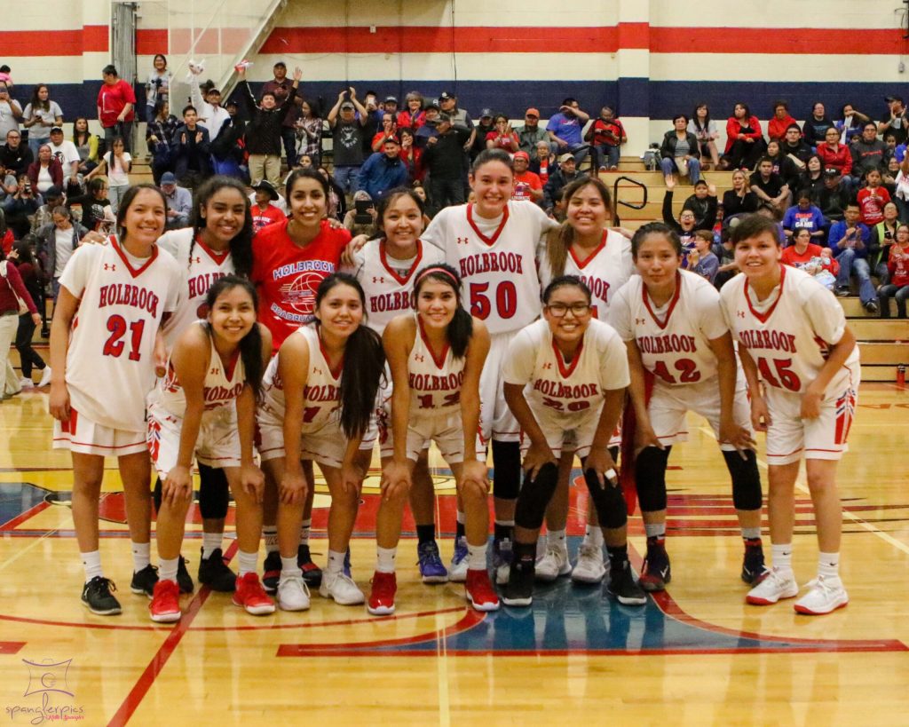 Photo by Kellie Spangler/SpanglerpicsRegional champions Holbrook Lady Roadrunners include, (front row, left to right) Tyler Pacheco, Twyla Clark, Dakota Dick, Megan Cummings, (back row) Desirae Bain, Madison Chappell, Elena Smith, Tristen Ambrose, Matehya Aberle, Shilaine Gorman, Tyanna Johnson and Rayanna Wauneka.
