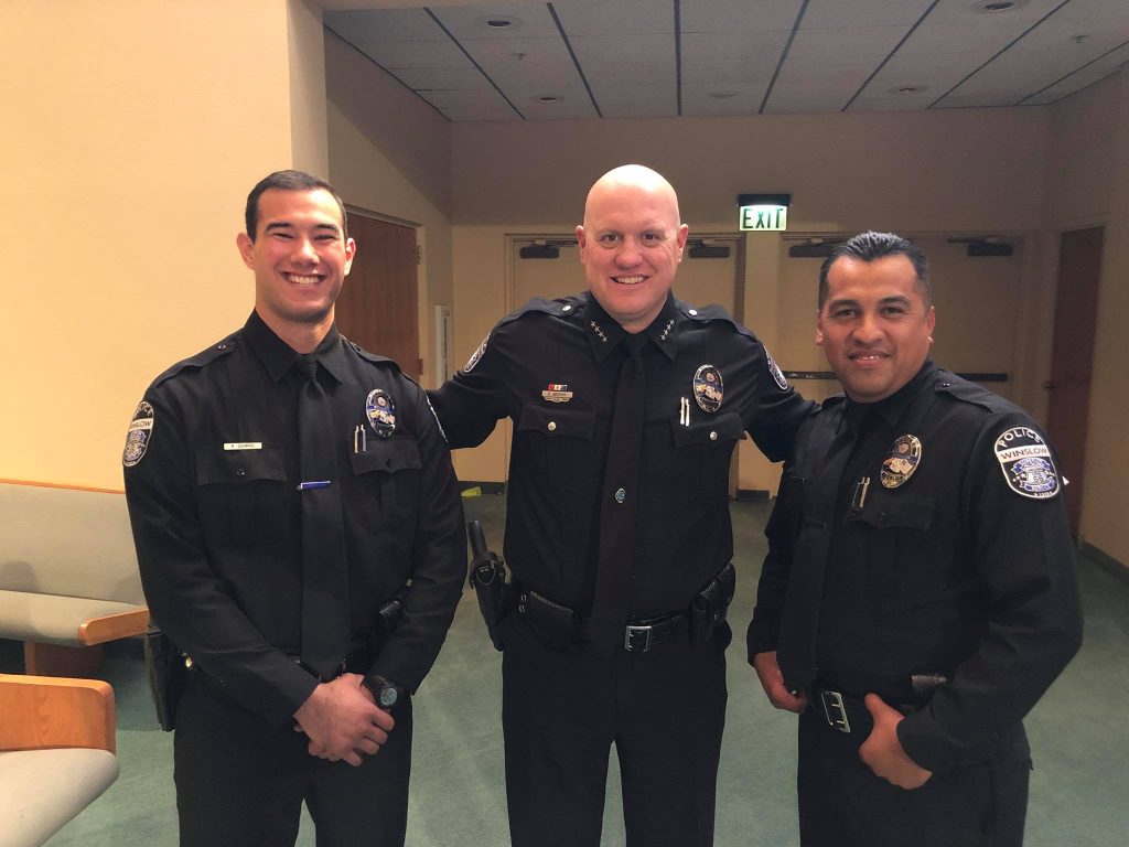 Photo courtesy of the Winslow Police DepartmentThe Winslow Police Department Chief Dan Brown (center) welcomed new officers Robert Downs (left), Richard Moralez (right) and David Sargent (not pictured). Downs and Moralez graduated from the Phoenix Regional Academy and Sargent was a lateral transfer.