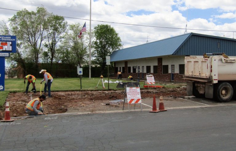 Photo by Diana HutchisonOn May 2, workers with McCauley Construction began working on the handicap accessible parking improvements at the Snowflake-Taylor Police Station. These improvements are being funded with grant monies and should be completed soon.