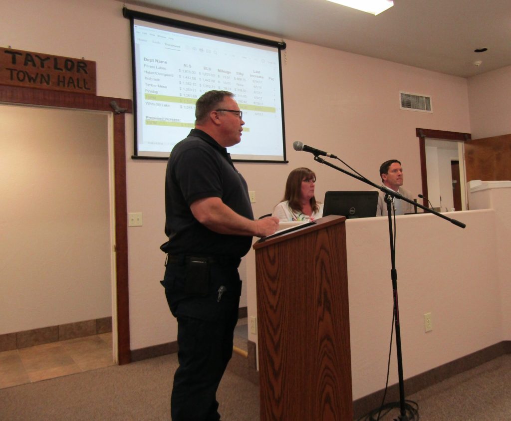 Photo by Diana HutchisonTaylor-Snowflake Fire and Medical Department Chief William Nelson (left) addresses the council regarding a rate increase for paramedic services at the monthly council meeting on May 3. Also pictured are Town Clerk Geri Judd (center) and Town Manager Gus Lundberg (right).