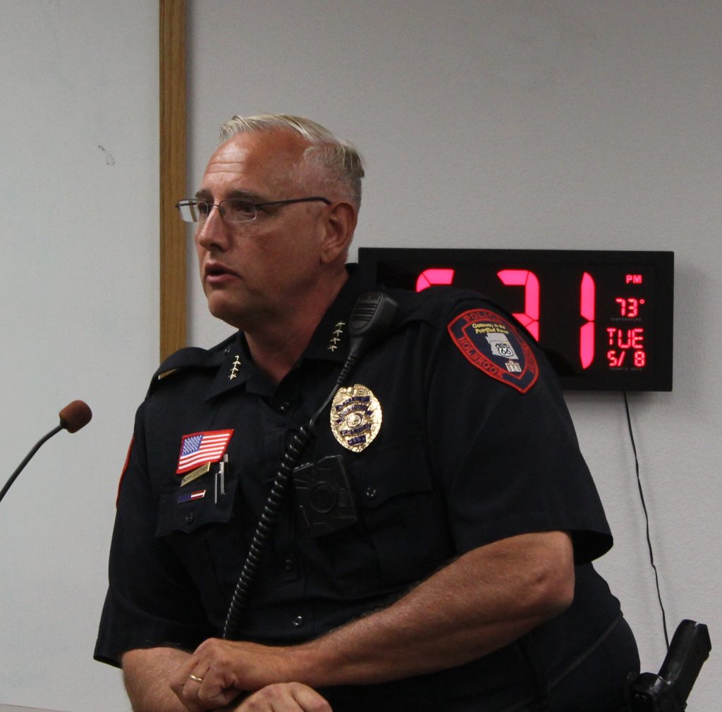 Photo by Toni GibbonsHolbrook’s Chief of Police Mark Jackson gives his final report at the city council meeting on May 8 before his retirement on May 12.