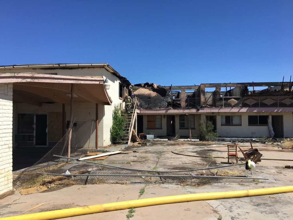 Photo by Matthew BargerThe abandoned Knights Inn Motel on Navajo Blvd. in Holbrook was set ablaze around 3 a.m. in the morning on Sunday, May 13. According to Assistant Fire Chief Alex Baker, two fires were started in the same facility, one on either side of the motel parking lot. There were no injuries reported and the fire remains under investigation.