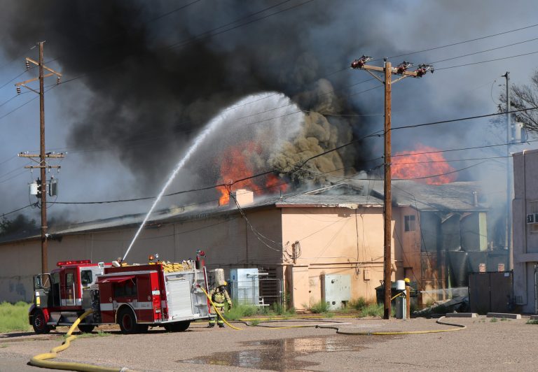Photo by Matthew BargerThe Magnuson Hotel on Hopi Drive in Holbrook was engulfed in flames last Sunday morning. Fire crews from throughout the region came together to battle the massive blaze. The structure was destroyed but firefighters managed to protect nearby buildings.
