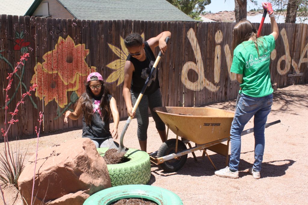 Photo by Linda ParkerGirl Scouts (left to right) Elena Martinez, Ariah Johnson and Elizabeth Parker with Troop 151 were hard at work on May 18 creating a labyrinth and tranquility garden at the pocket park on the corner of First and Erie Street in Holbrook. The girls have taken on this project in order to earn their Silver Award, the highest award that can be earned as a Girl Scout.