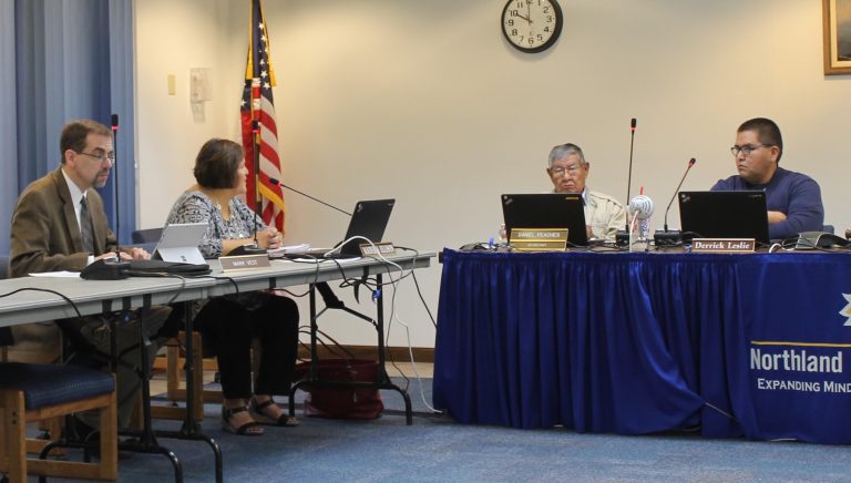 Photo by Diana HutchisonNPC Vice President of Learning & Student Services Mark Vest, (left) board Secretary Daniel Peaches (second from right) and board member Derrick Leslie (right) pay close attention as Chief Business Officer Maderia Ellison (second from left) presents the upcoming budgets for the college.