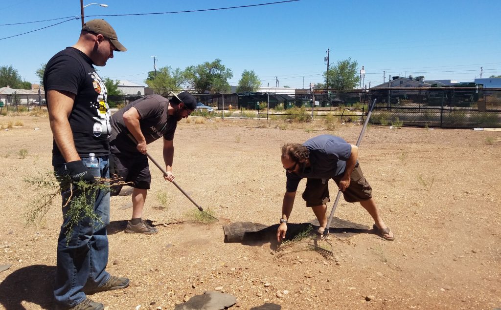 Photo by L. ParsonsVeteran William Thomas (left) and his crew Kevin Murray (center) and Matthew Chadwick (right) worked to pull weeds and prepare their land for groundbreaking on the Veteran’s Greenhouse.