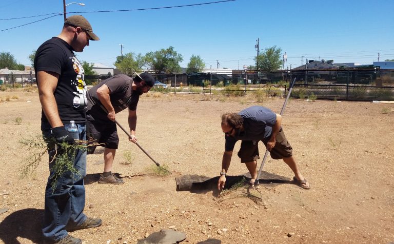 Photo by L. ParsonsVeteran William Thomas (left) and his crew Kevin Murray (center) and Matthew Chadwick (right) worked to pull weeds and prepare their land for groundbreaking on the Veteran’s Greenhouse.